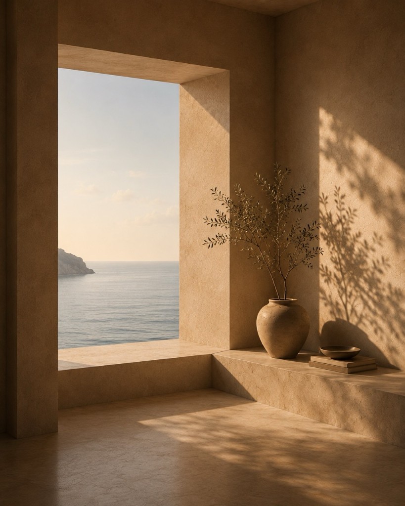 Ventana al mar con jarrón y sombra de ramas sobre muro de piedra